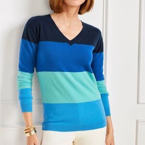 NWT Talbots Cashmere V-neck Pullover Sweater Blue Tonal Striped size M Petite
